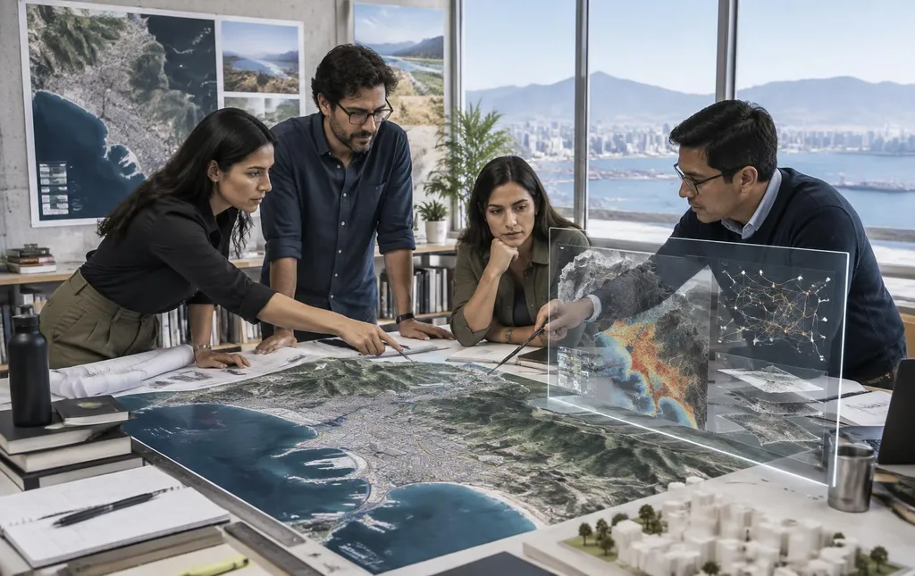 Equipo de profesionales analiza mapas, datos geoespaciales y escenarios territoriales con apoyo de inteligencia artificial